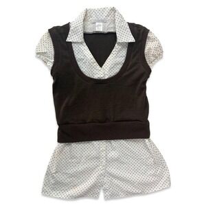 Y2K Brown Layered Polka Dot Blouse Sweater Vest Top Short Sleeve sx M